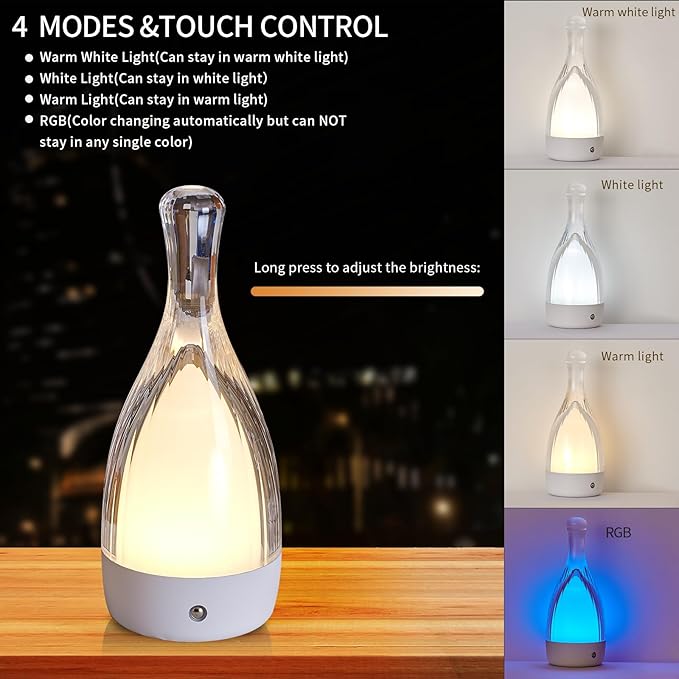 Table Lamp for bedroom with Touch Control,LED Nightstand Lamp Fourth Gear-3000K 4000K 6000K and Seven Color Light,Cordless Battery Operated Desk Lamp,Perfect for Bedroom,Couple Dinner,Cafe.(White)