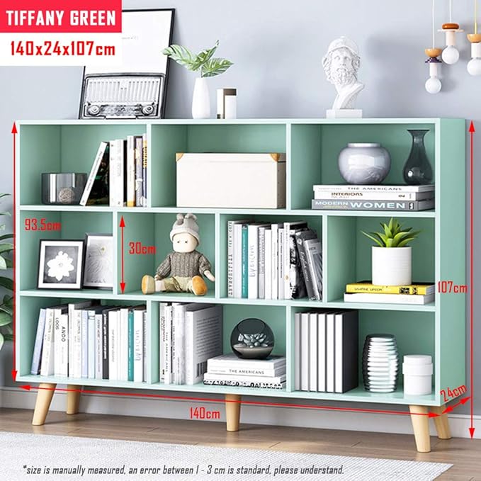 IOTXY Wooden Open Shelf Bookcase - 3-Tier Floor Standing Display Cabinet Rack with Legs, 10 Cubes Kids Bookshelf, Tiffany-Green