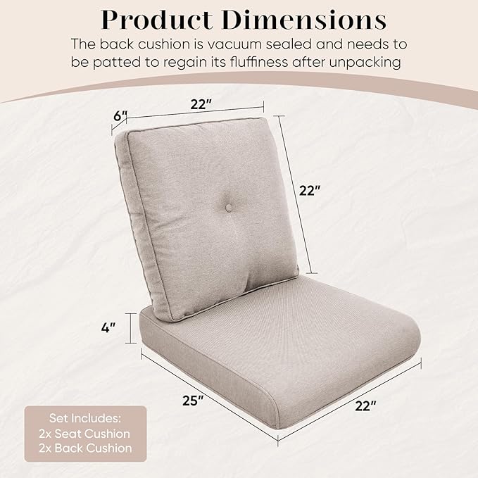 Outdoor Chair Cushions-Patio Chair Cushions Set of 2 with Removable Cover 22 X 25 Inch Outdoor Cushions for Patio Furniture Chair Sofa Couch-Beige
