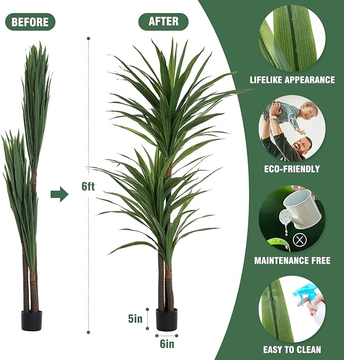 Dracaena Silk Plant Corn Stalk 6ft Tall Faux Plants Indoor Large Fake Plant Potted Yucca Tree Tropical Floor Plants Artificial Silk Palm Trees for Home Office Store Decor Housewarming Gift