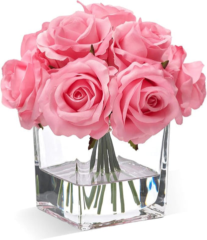 WELL KNOWN Rose Artificial Flowers in Vase with Faux Water, Silk Rose Table Centerpieces for Home Coffee Table Decor, Fake Roses Flower Arrangements for Office Hotel Lavatory Decor (Pink)