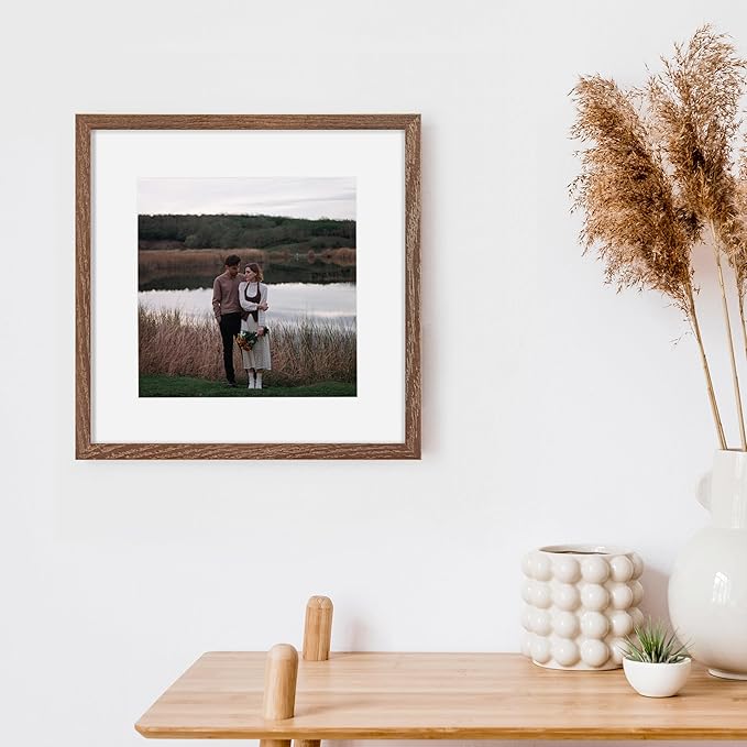 12x12 Picture Frame Set of 2, High-End Oak Wood Frame 12 x 12 for Wall, Square Wooden 12 by 12 Gallery Frames Set, 12x12 Frame Matted to 8x8, Real Glass 12 x 12 Frames, Walnut Color
