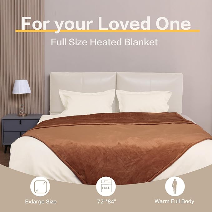 Gintao Electric Heated Blanket Full Size, 72"x84" Double Soft Flannel Electric Blanket with 3 Heating Levels,ETL&FCC Certified,8H Auto Off Heating Blanket&Overheat Protection,Gifts,Brown