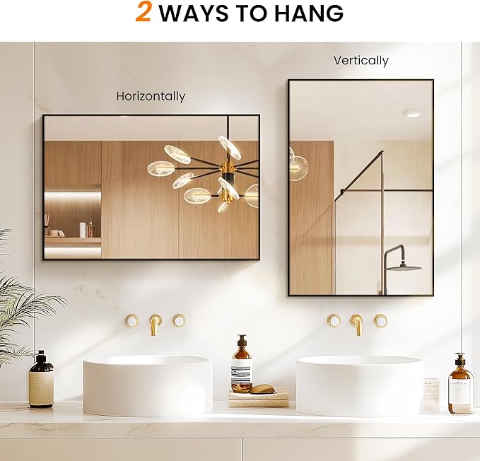 Bathroom Vanity Mirror for Wall, 2 Pack 36" x 24" Metal Framed Rectangular Bathroom Wall Mirror for Over Sink, HD Shatterproof Glass, Hangs Horizontally or Vertically(Black)