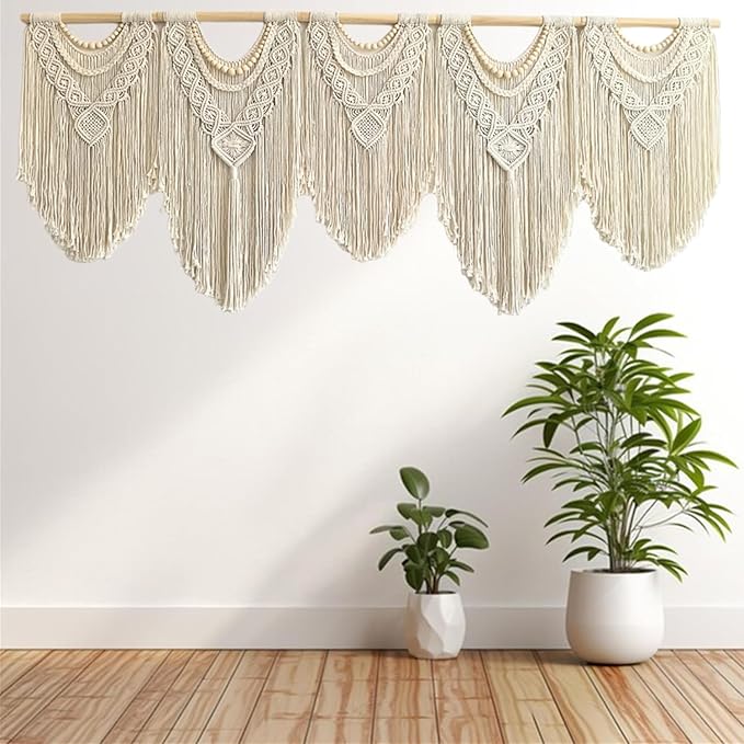 Extral Large macrame wall hanging, 71'' W x 32'' L boho wall art tapestry wall decor for urban entryway,living room,bedroom decor, headboard woven wall art, big fiber art over couch art for Yarn hallway (Wood Bead-B)