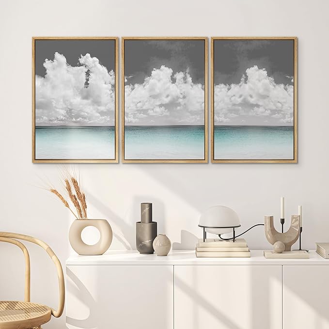 SIGNWIN 3 Piece Framed Canvas Wall Art Clouds Above The Blue Ocean Nature Wilderness Illustrations Abstract Traditional Relax/Calm Home Artwork Decoration for Living Room,Bedroom - 16"x24"x3 Natural