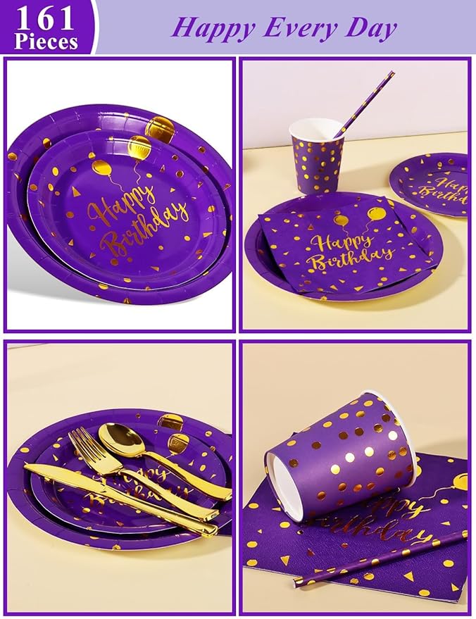 Birthday Party Tableware, 161 Pieces Purple Gold Party Supplies, Dinnerware Sets Include Paper Plates Napkins Cups Silverware, for Shower Engagement Parties Decoration -20 Serves
