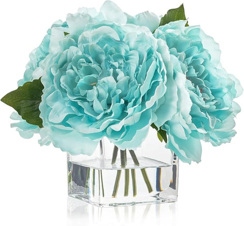 Artificial Peonies Flowers Arrangements in Cube Glass Vase, WELLKNOWN Silk Flower Centerpieces for Dining Room Table, Coffee Table Decor, Faux Peony Flowers with Faux Water(Light Teal Blue)