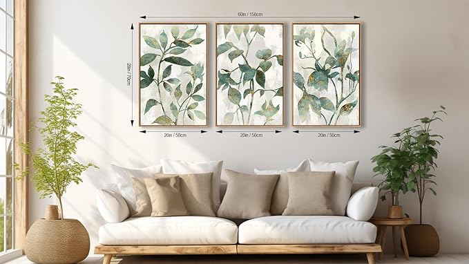 Large Framed Canvas Wall Art - Natural Float Framed Rustic Green Flowers Leaves Pictures Paintings White Grey Artwork Decor for Bedroom Living Room Kitchen Home Office Decoration 60" X 28" Set of 3