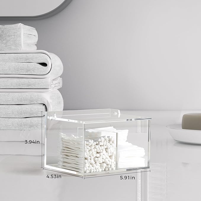 Clear Acrylic Cotton Swab Ball Holder Qtip Organizer with Lid 2-Grid Canister for Make Up Pads, Floss Picks, Vanity Storage,Bath Salts, Cosmetics, Home Bathroom Decor (DP004)