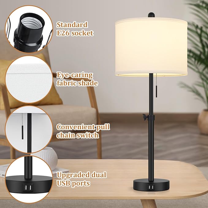 Table Lamp for Bedroom Set of 2, 23" to 30" Height Adjustable Bedside Lamp with 2 USB Ports, Black Nightstand Lamp with White Shade, Modern Pull Chain Table Lamp for Living Room End Table