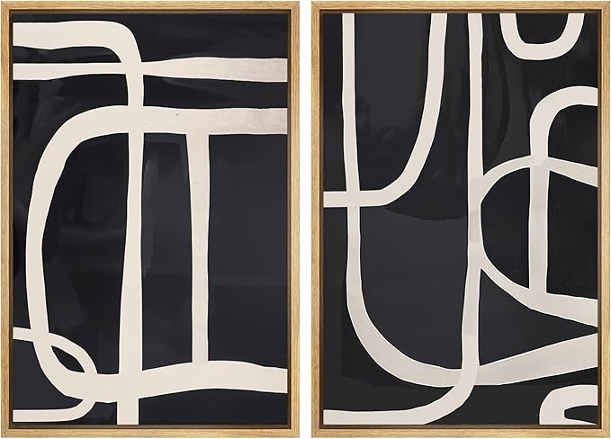 SIGNWIN Framed Canvas Print Wall Art Modern Graphic Black and White Curved Line Patterns Illustrations Modern Art Decorative Contemporary for Living Room, Bedroom, Office - 16"x24"x2 Natural