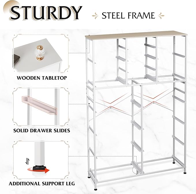 WLIVE Tall Console Table with 16 Fabric Drawers, Entryway Table with Storage, Large Storage Organizer with Wood Top, Steel Frame for Living Room, Hallway, Office, White