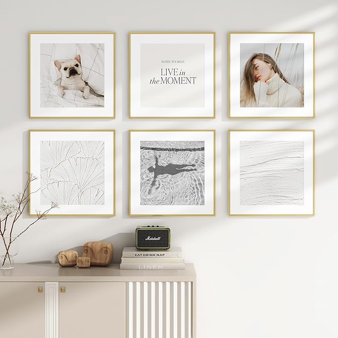 20x20 inch Metal Picture Frame - Thin Aluminum Square Photo Frames with 16x16 Removable Mat - High Definition Plexiglass - Vertical and Horizontal Display - Wall Hook Hanging Hardware Included - Gold, Set of 4