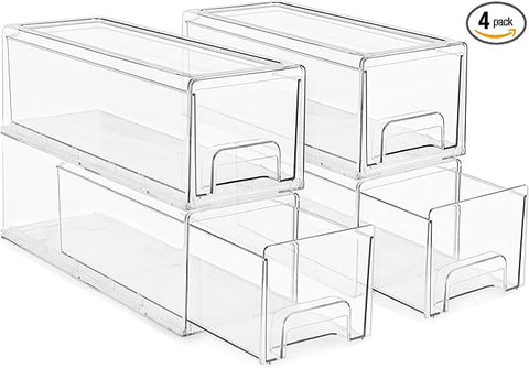 Sorbus Small Clear Stackable Storage Drawers – 4-Pack Plastic Organizer Bins with Handles – Stackable Pull-Out Storage Drawers for Closet, Pantry, Office, Bathroom, Craft, and Toy Organization