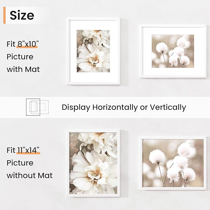 11x14 inch Picture Frame, 11x14 Photo Frames with 8x10 Removable Mat - High Definition Plexiglass - Vertical and Horizontal Display - Wall Hanging Frame - White, 12 Pack