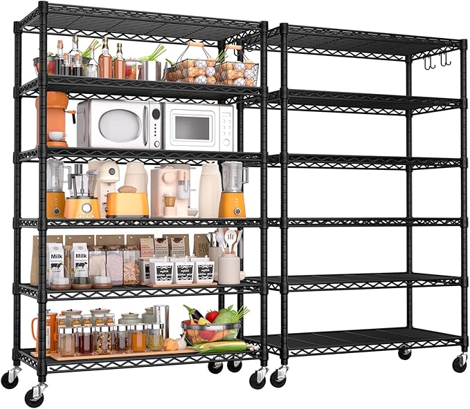 PrimeZone 2 Pack 6 Tier Wire Shelving with Wheels,Metal Shelf Heavy Duty Adjustable Kitchen Storage Shelves Unit, Pantry Organizer Rack Rolling for Garage Closet Laundry 36" W x 16" D x 79" H