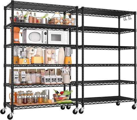 PrimeZone 2 Pack 6 Tier Wire Shelving with Wheels,Metal Shelf Heavy Duty Adjustable Kitchen Storage Shelves Unit, Pantry Organizer Rack Rolling for Garage Closet Laundry 36" W x 16" D x 79" H