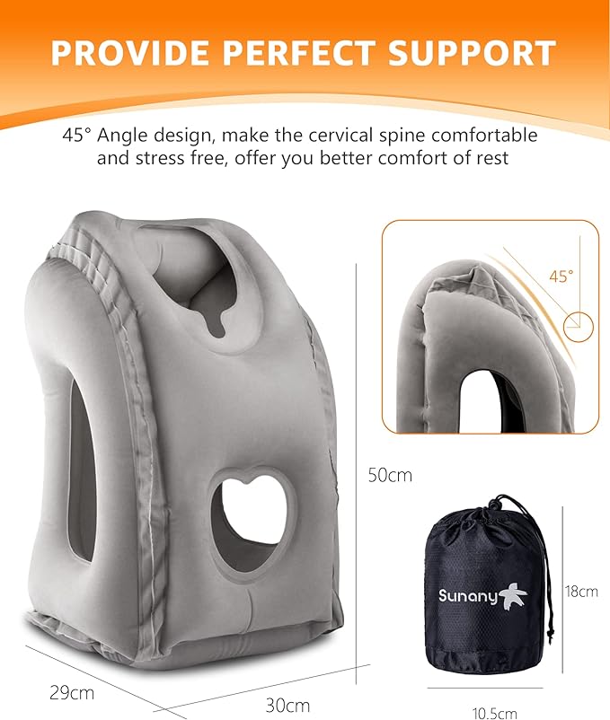 Sunany Travel Pillow, Inflatable Neck Pillow Used for Airplanes/Cars/Buses/Trains/Office Napping with Eye Mask/Earplugs (Gray)
