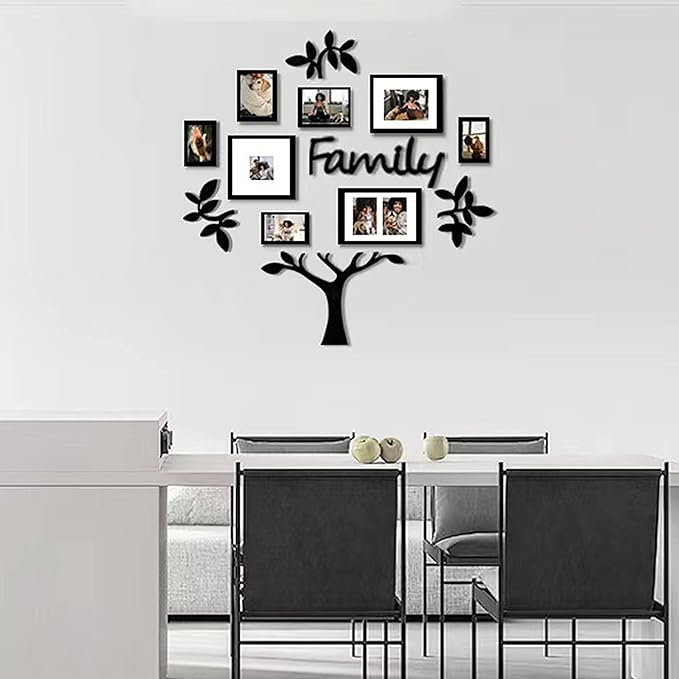 J.M.Deco 13 Pack Family Tree Photo Frame Collection with Lvory Mat Set- Photo Size One 4''x4'' Five 4''x6'' Three 5''x7''- PVC-Wall Mounting Picture Frame for Home Living Room Bedroom 3D Design-Black
