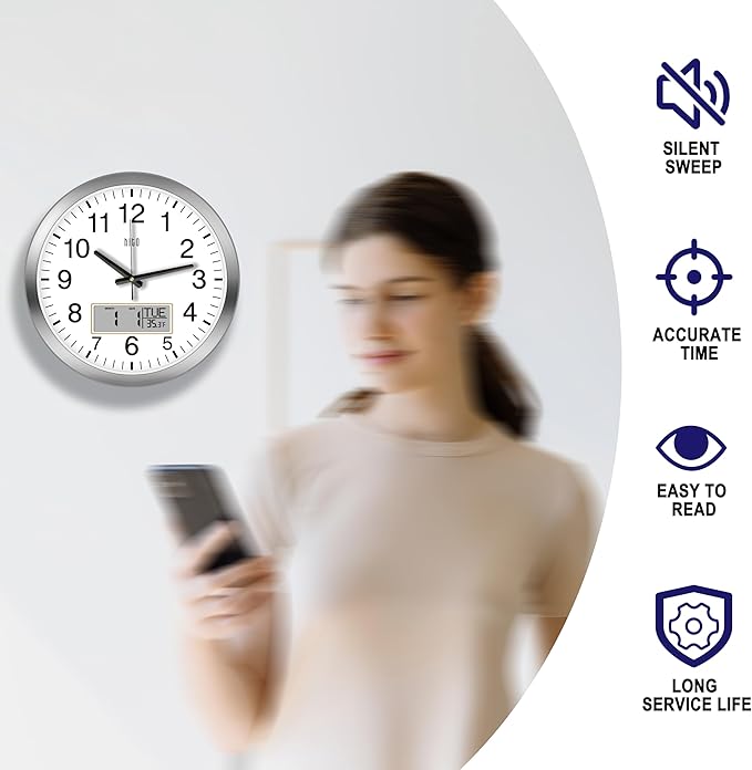 HITO 14 Inch Silent Wall Clock Battery Operated with Temperature and Date, Large Wall Clock for Living Room Decor, Office, Classroom, Bedroom