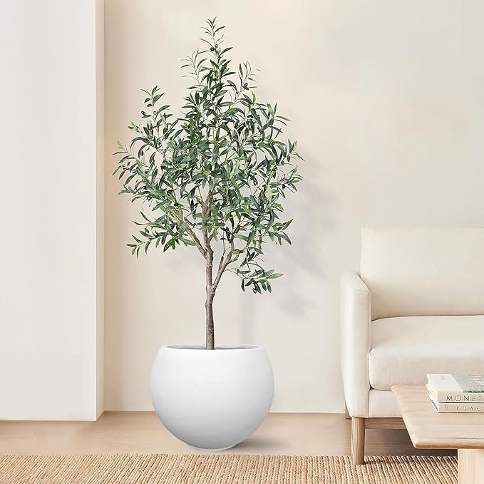 17 H x 21" Dia (15" Pot Opening) White Round Fiberstone Tall Planter with Drainage Hole, Indoor/Outdoor Large Plant