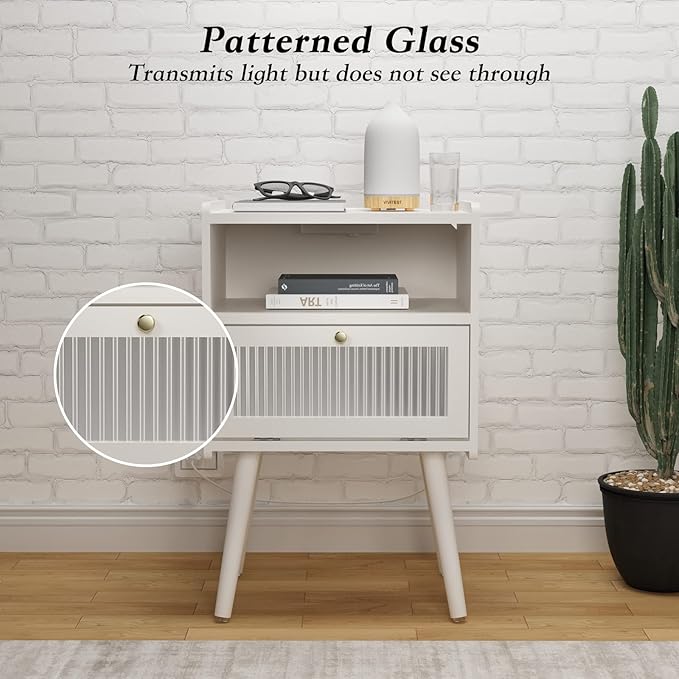 Mid Century Modern Nightstand with Charging Station, Bedside Tables with Glass Decorative Door, End Table Side Table with 2 Tiers Storage Space, for Bedroom, Living Room, White