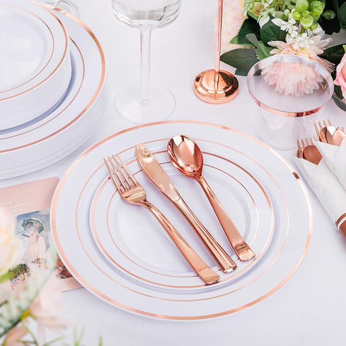 DaYammi 210PCS Rose Gold Plastic Dinnerware Set for 30 Guests, Valentine's Day Plates for Party, Include: 30 Dinner Plates, 30 Dessert Platos, 30 Pre Rolled Napkins with Rose Gold Silverware, 30 Cups