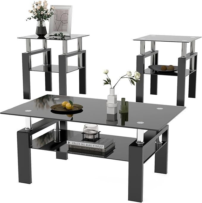 IANIYA 3 Piece Living Room Table Set, Modern Tempered Glass Coffee Table Set, Glass Coffee Table Black Metal Frame End Table for Living Room Apartment Small Space