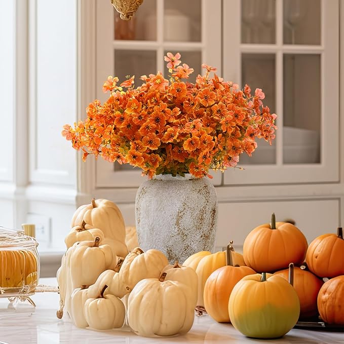Zeyune 56 Bundles Fall Artificial Flowers Outdoors Fake Autumn Orange Plastic Plants Faux UV Resistant Shrubs Greenery for Thanksgiving Outdoor Indoor Garden Porch Window Box Hanging Decor