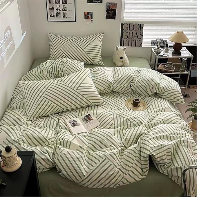 VM VOUGEMARKET Green Stripes Duvet Cover King,Instagram Style Geometric Duvet Cover with Zipper Ties 100% Cotton Modern Fashion Bedding Set for Teens Adults