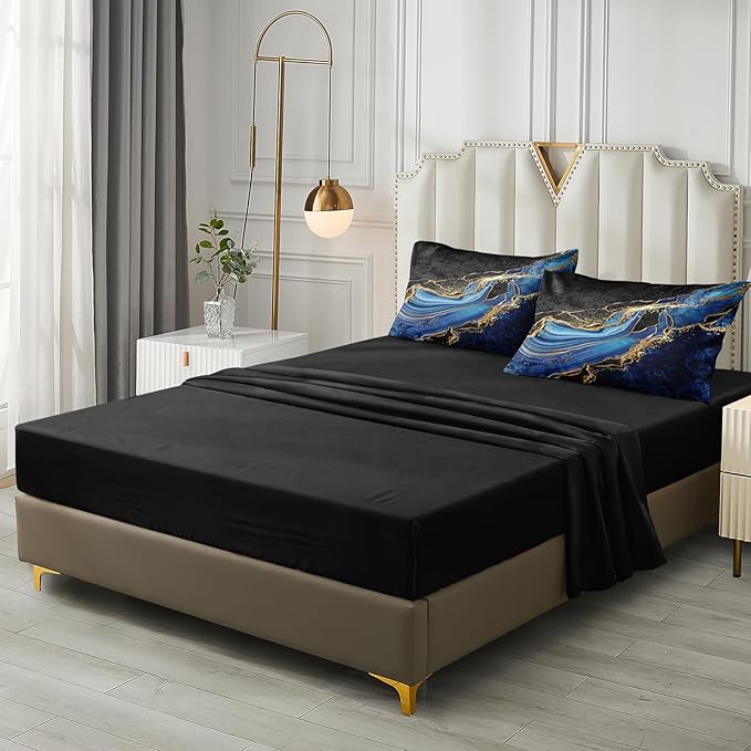 Black Gold Bedding Blue Marble Comforter Set 6 Pieces Twin Bed in a Bag with 1 Black and Blue Comforter, 1Flat Sheet, 1 Fitted Sheet, 2 Pillowcases, 1 Marble Cushion Cover