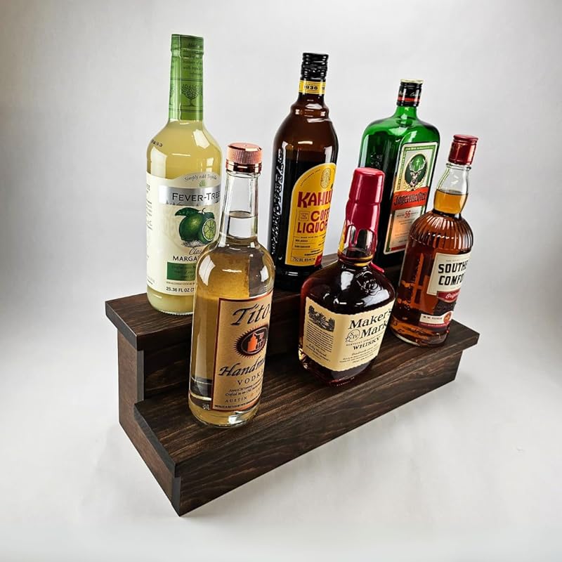 Handmade Liquor Bottle Display Shelf, Bar Display, Kitchen Counter Shelf, Crafted in USA with Premium Quality Wood, Rustic Espresso Finish (2 Tier, 20 inches)