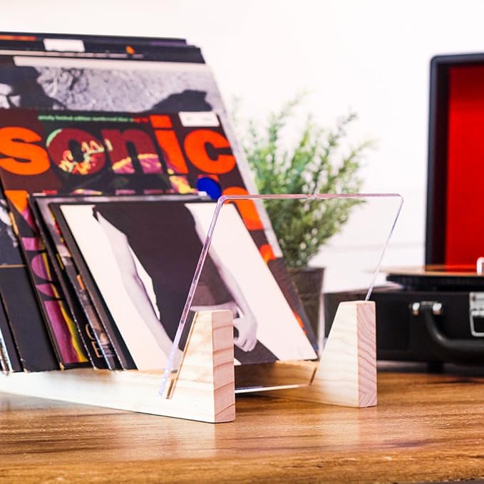 KAIU Vinyl Record Storage Holder - Solid Wood with Crystal Clear Acrylic Holder - Premium Design, Perfect 12" LPs or 7" Singles Display Unit - Stores and Supports up to 50 Albums (Natural)