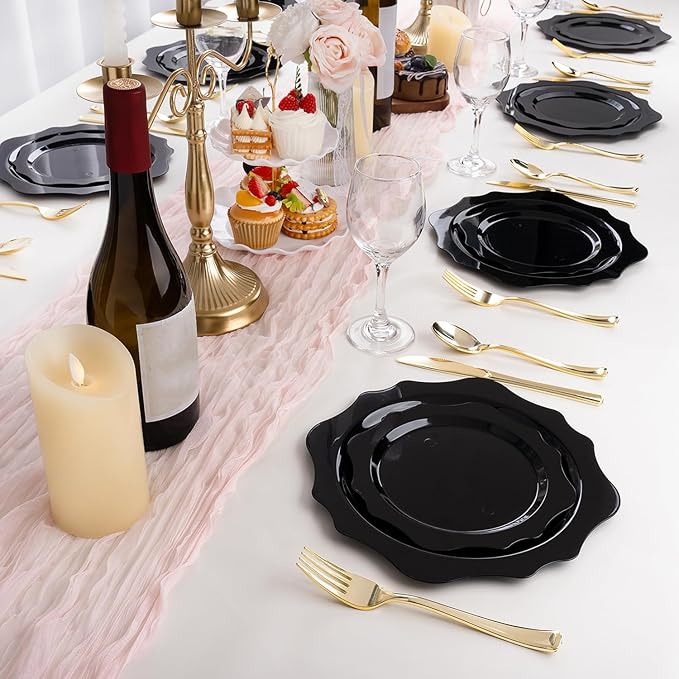 100 PCS Black Disposable Plates for 50 Guests, Scalloped Plastic Plates Include 50 Dinner Plates and 50 Dessert Plates for Party, Wedding, Graduation and Father's Day