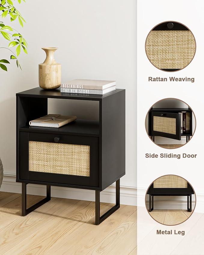 Rattan Nightstand, Boho Night Stand Farmhouse Wood Bedside Table with Storage and Open Shelf, End Side Accent Table for Bedroom,Living Room,Black