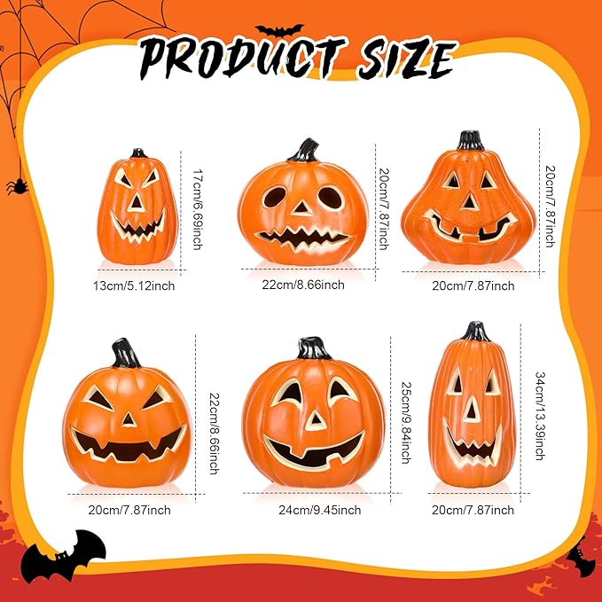 6 Pcs Halloween Pumpkin Lantern Set Light up Pumpkin Lamp LED Light Orange Halloween Decoration for Porch Front Door Outdoor Party Holiday Supplies (Orange)
