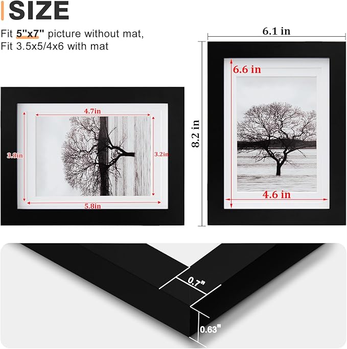 Egofine 5x7 Picture Frames 6 PCS - Made of Solid Wood Covered by Plexiglass Matted for 4x6 and 3.5x5 for Table Top Display and Wall Mounting photo frame Black