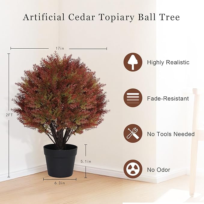 24" Faux Cedar Trees for Outdoor Planters, Artificial Topiary Ball Plants UV Resistant, Fake Bushes & Shrubs for Front Porch, Patio, Fall Decor, Set of 2