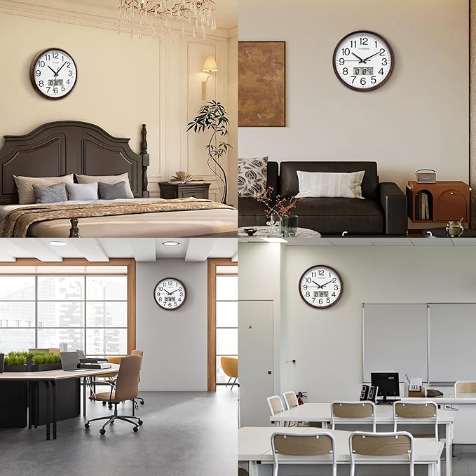 Wall Clock, Classic Wood Style Finish, 16 Inch Non-Ticking Silent Battery Operated Quartz Analog with Perpetual Calendar and F° Temperature Display, Home, Office Décor (Wood Brown)