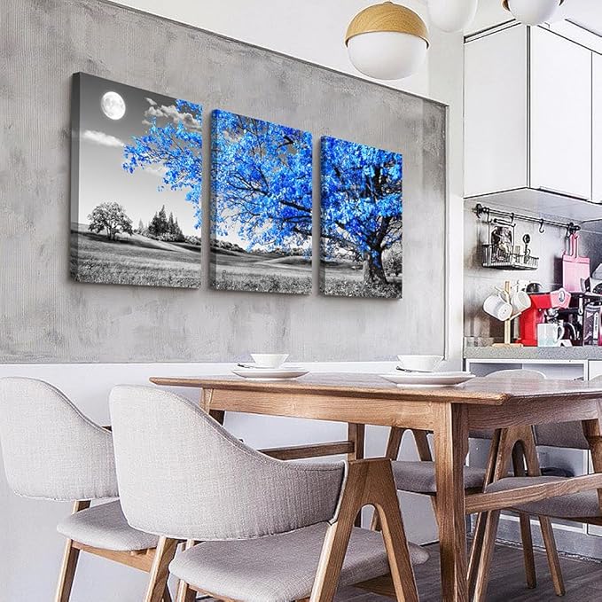 DZRWUBHS 3 Piece Canvas Wall Art For Living Room Modern Wall Decor For Office Black And White Blue Tree Wall Painting Scenery Wall Pictures Artwork For Bedroom Room Home Decor Prints Art 20" X 28"