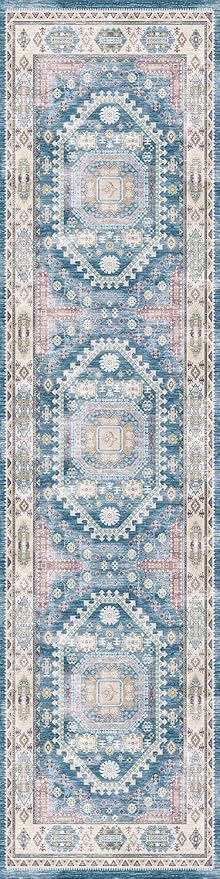vivorug Blue Runner Rug 2x10 Machine Washable Rug with Non-Slip Backing, Ideal for Kitchen Hallway Entryway Laundry Room - Vintage, Durable, Easy Clean, Low Pile Carpet Runner