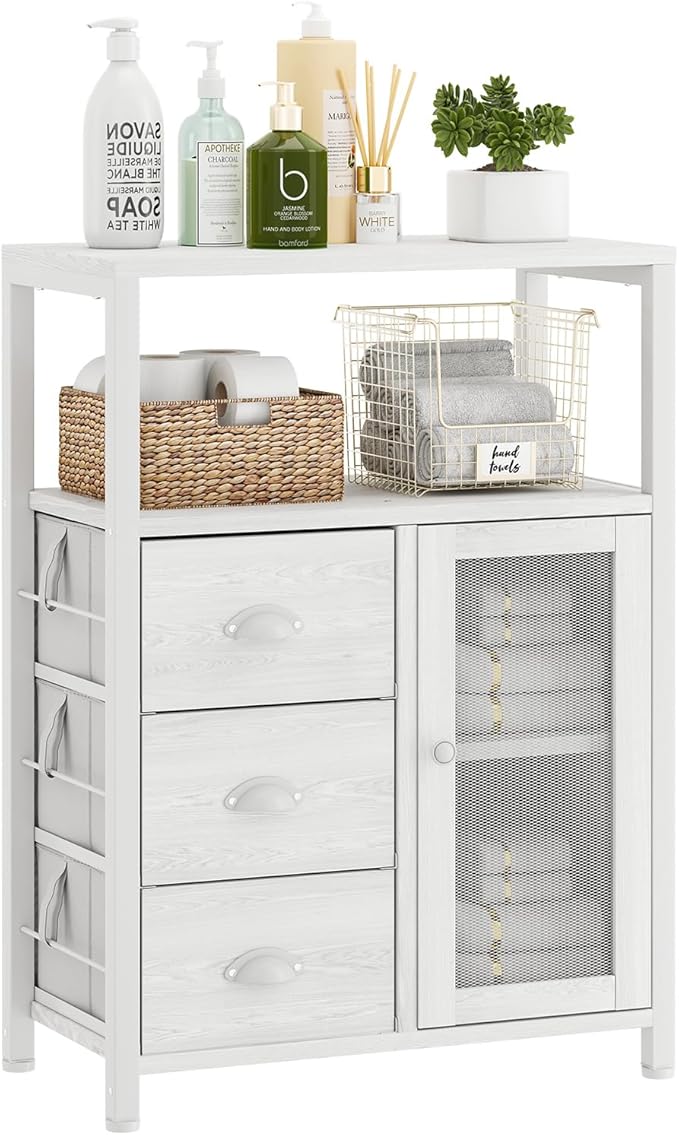 Homeiju Bathroom Floor Storage Cabinet Organizer with 3 Removable Drawers and 1 Door, Industrial Floor Storage Cabinet for Kitchen, Living Room, Bathroom, Home Office