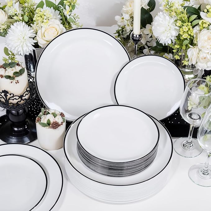 LIYH 60 Pcs White Plastic Plates Disposable for Party Black Plastic Disposable Heavy Duty Party Wedding Plates Including 30 Dinner Plate 10.25” & 30 Dessert Plate 7.5"