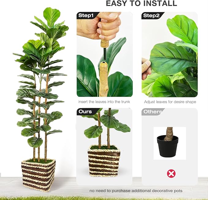 Artificial Fiddle Leaf Fig Tree Indoor with Woven Basket - 5ft Tall Fake Tree with Real-Wood Trunk,Faux Plants for Living Rooms, Offices, Kitchens & Outdoor Spaces (Square Basket)