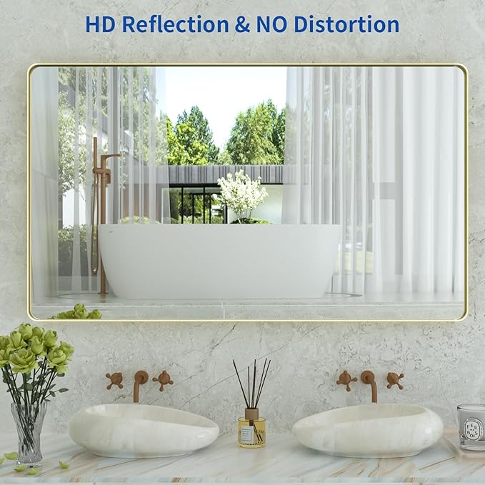 WEER Gold Bathroom Mirror, 55X30 Inch Brushed Gold Metal Frame Mirror, Rounded Rectangle Gold Bathroom Vanity Mirror for Wall, Tempered Glass, Anti-Rust, Hangs Horizontally or Vertically