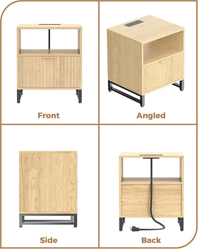 Fluted Night Stand Set 2 with Charging Station, Wood Nightstand with Large Drawer and Open Storage Cabinet, Mid-Century Modern Bedside Table End Table for Bedroom Closet Office