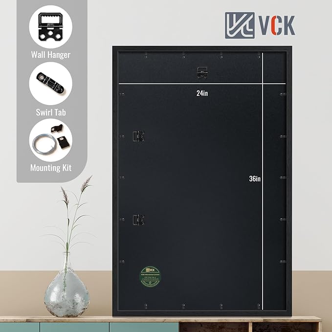 VCK 24x36 Poster Frame Black - with Mat 20x30, Solid Wood Picture Frame with Textured Exclusive, Horizontal and Vertical Formats with Included Hanging Hardware - 2 Pack