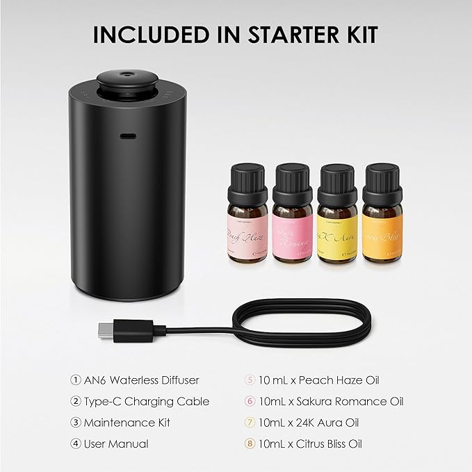 Waterless Essential Oil Diffuser Starter Kit with 4 x 10mL Fragrance Scent Oil, Battery Operated Mini Scent Air Machine Portable Diffuser for Home Car Office, ANX Black Kit01