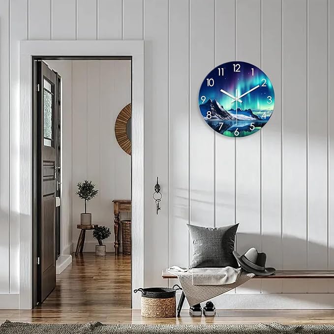 XNM Aurora Teal Clocks for Living Room Modern Wall Clock Battery Operated 16 Inches or Larger Analog Glass Wall Clock Non Ticking